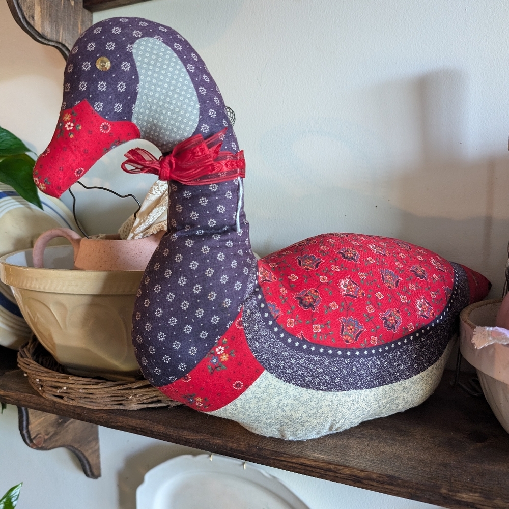 Vintage Quilted Fabric Handmade Soft Canadian Goose Duck or Swan Red White Blue